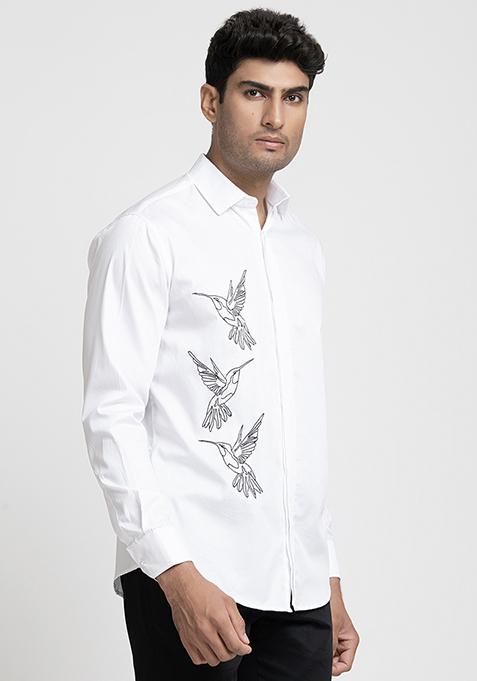 White Aurora Bird Embroidered Shirt For Men