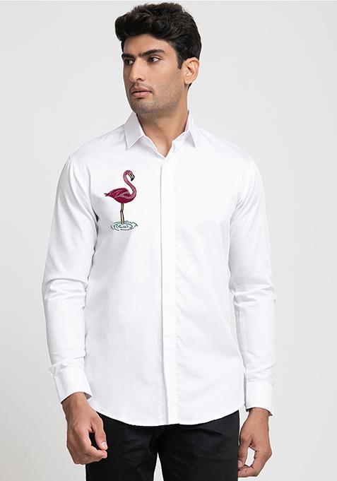 White Swan Embroidered Shirt For Men