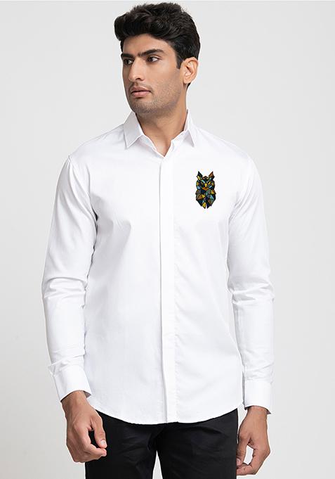 White Owl Thread Embroidered Shirt For Men