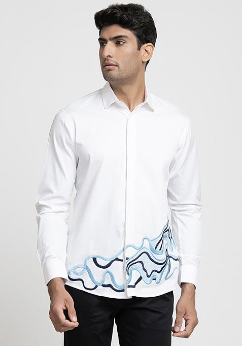 White Cloud Line Thread Embroidered Shirt For Men