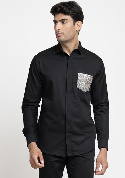 Black Pocket Embroidered Shirt For Men