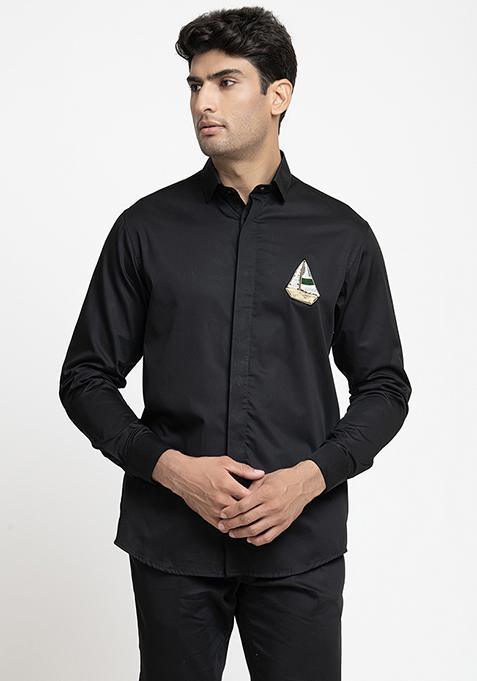 Black Boat Embroidered Shirt For Men