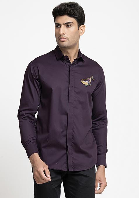 Purple Whale Embroidered Shirt For Men