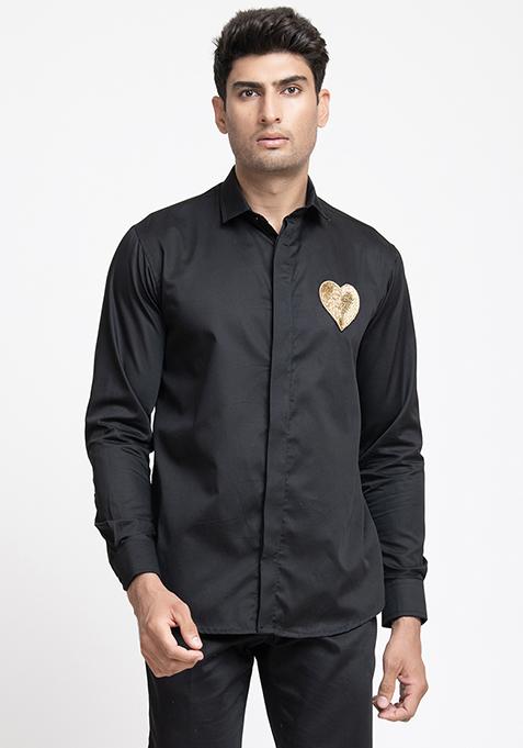 Black Heart Embroidered Giza Cotton Shirt For Men