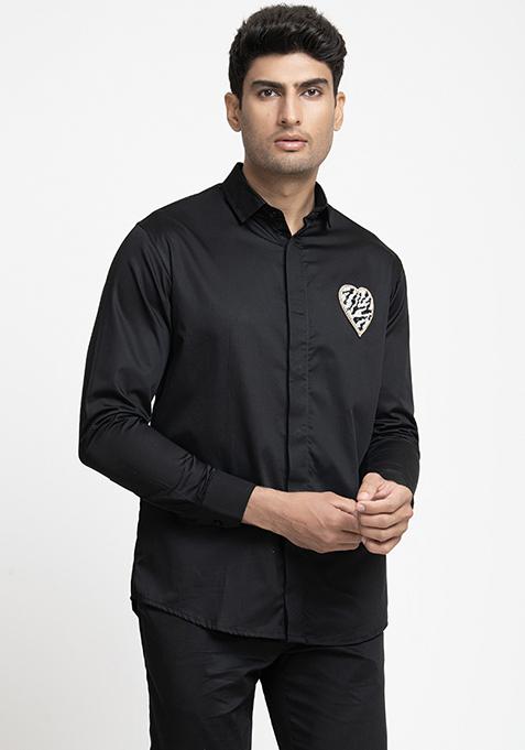 Black Heart Embroidered Giza Cotton Felt Shirt For Men