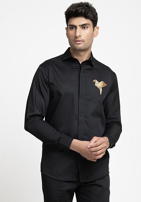 Black Origami Bird Embroidered Shirt For Men