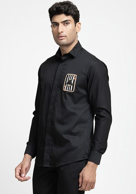 Black Card Embroidered Shirt For Men