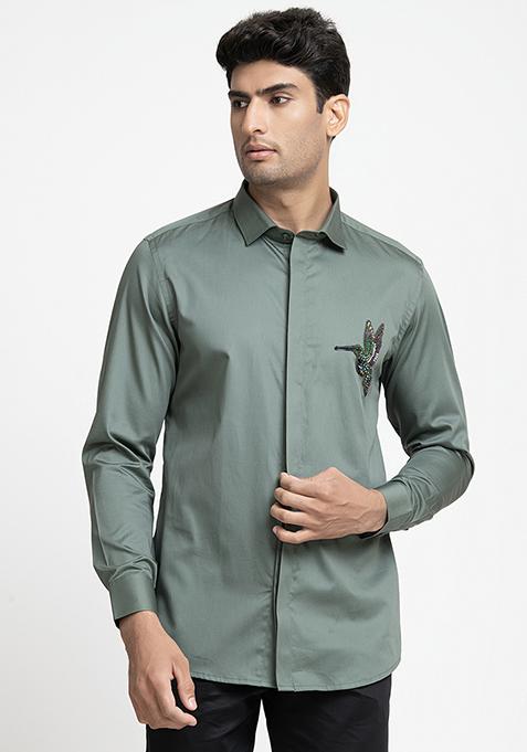 Olive Green Bird Embroidered Shirt For Men