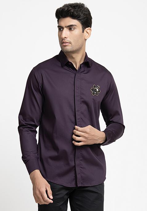 Purple Puzzle Chip Embroidered Shirt For Men