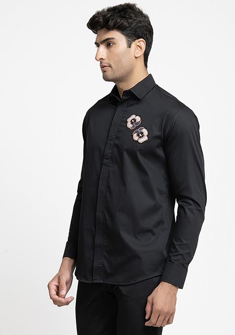 Black Flower Buds Embroidered Shirt For Men