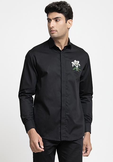 Black Floral Embroidered Shirt For Men