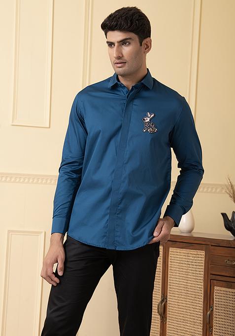 Teal Blue Rabbit Embroidered Shirt For Men