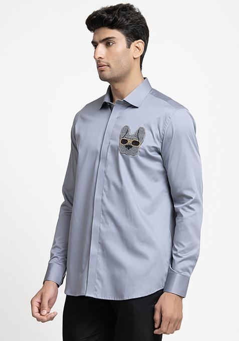 Grey Puppy Face Embroidered Shirt For Men