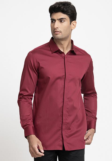 Maroon Plain Giza Cotton Shirt For Men