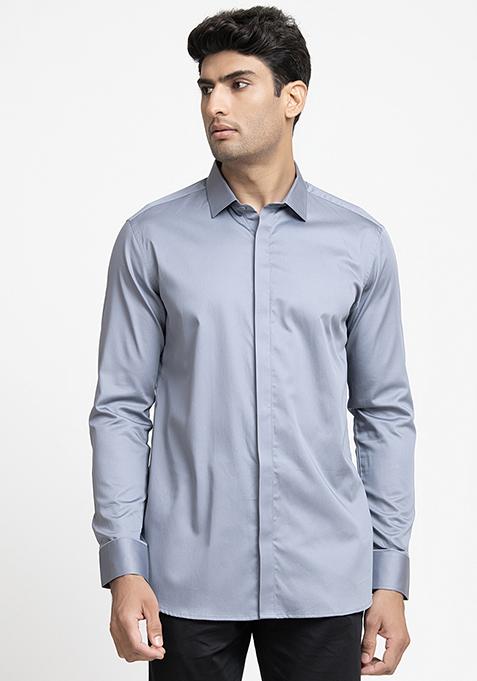 Grey Plain Giza Cotton Shirt For Men