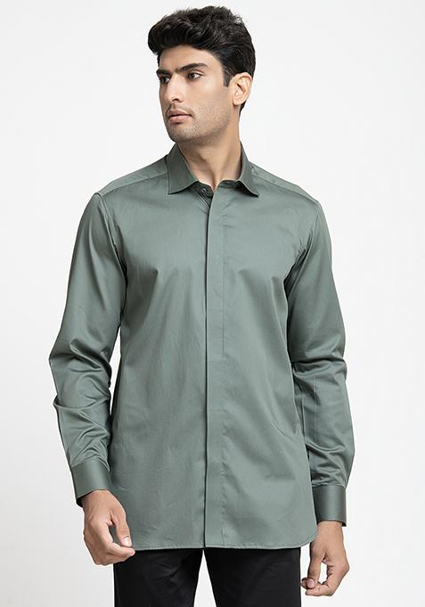 Olive Plain Giza Cotton Shirt For Men