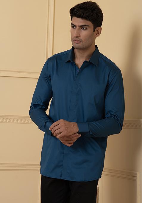 Teal Blue Plain Giza Cotton Shirt For Men