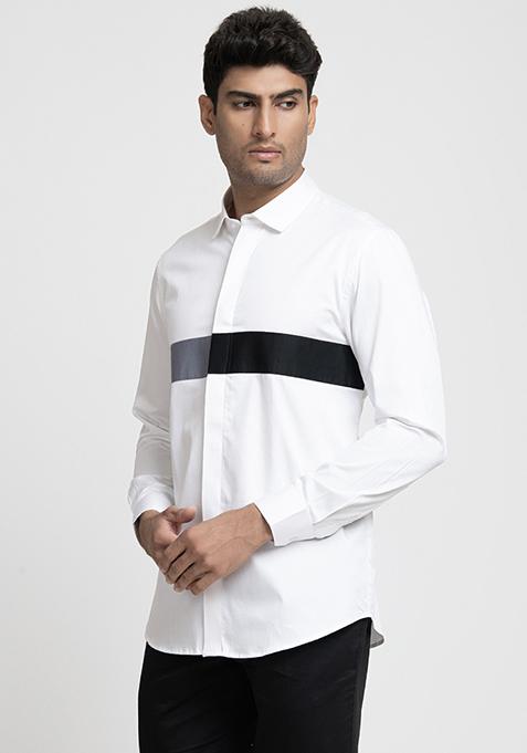 White Horizontal Stripe Printed Giza Cotton Shirt For Men