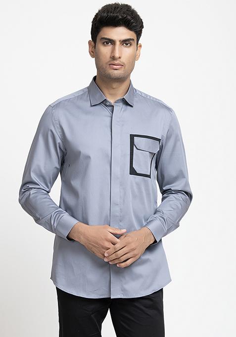 Grey Patch Work Giza Cotton Shirt For Men