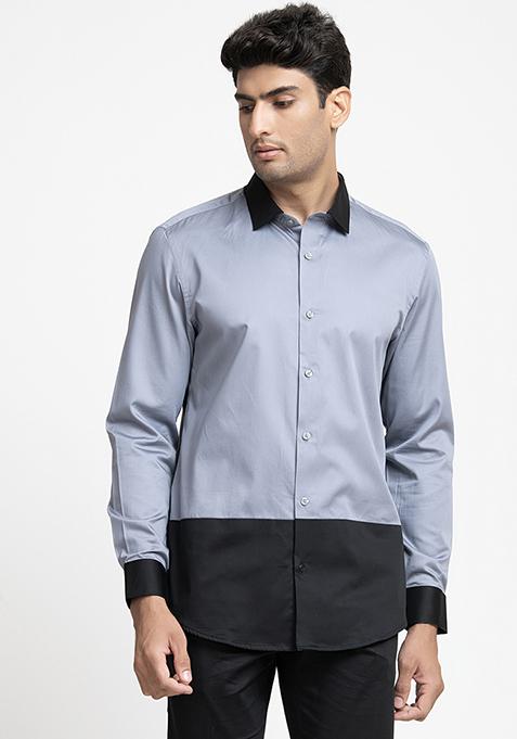 Grey Patch Work Giza Cotton Blend Shirt For Men