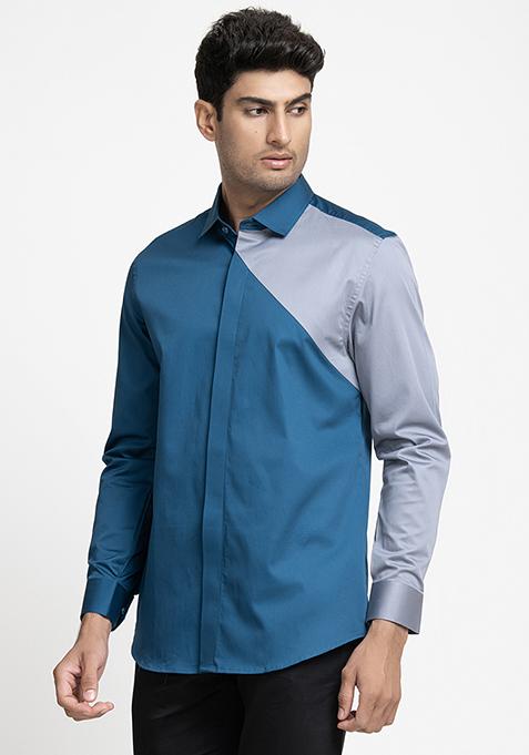 Blue Patch Work Giza Cotton Azul Shirt For Men