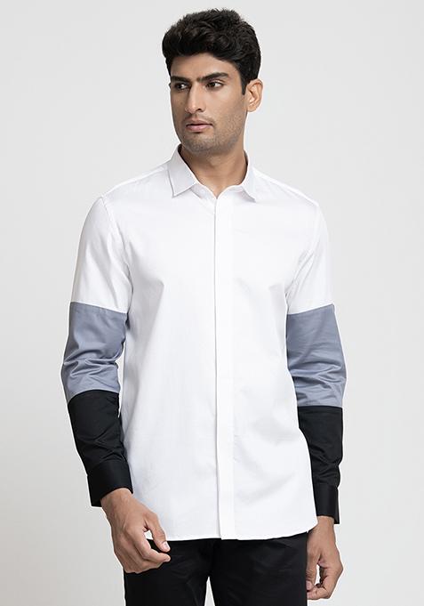 White Patch Work Giza Cotton Shirt For Men