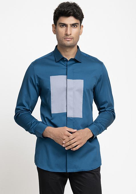 Blue Patch Work Giza Cotton Elisio Shirt For Men