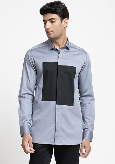 Grey Patch Work Giza Cotton Arte Shirt For Men