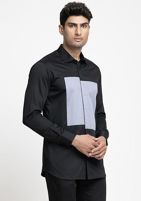 Black Patch Work Giza Cotton Estelar Shirt For Men