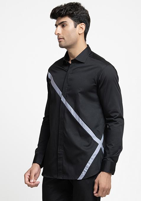 Black Stripe Printed Giza Cotton Shirt For Men