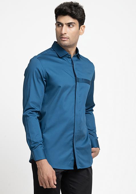 Blue Pintuck Embroidered Giza Cotton Shirt For Men