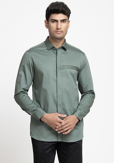 Olive Pintuck Embroidered Giza Cotton Shirt For Men