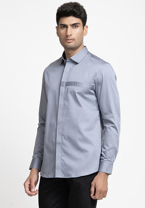 Grey Pintuck Embroidered Giza Cotton Shirt For Men