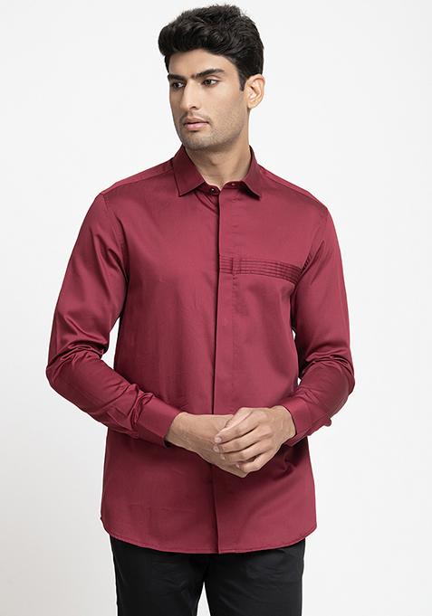 Red Pintuck Embroidered Giza Cotton Shirt For Men