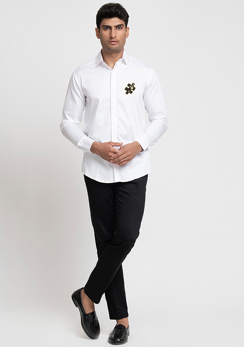 White Chip Embroidered Giza Cotton Shirt For Men