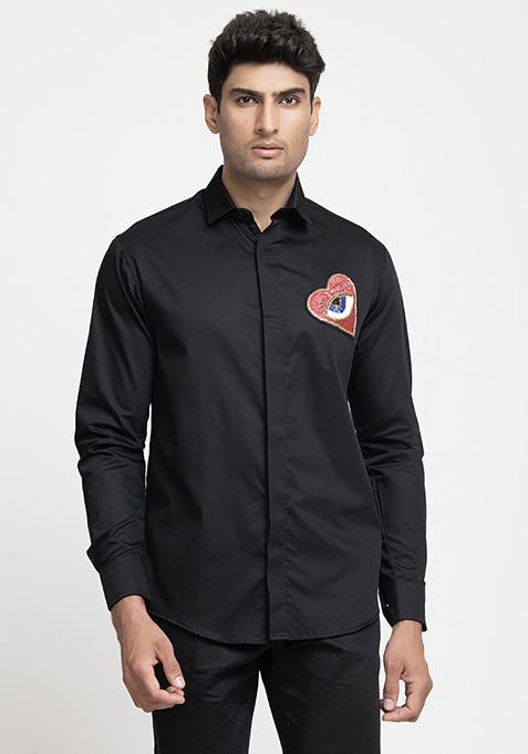 Red Heart Embroidered Amor Shirt For Men