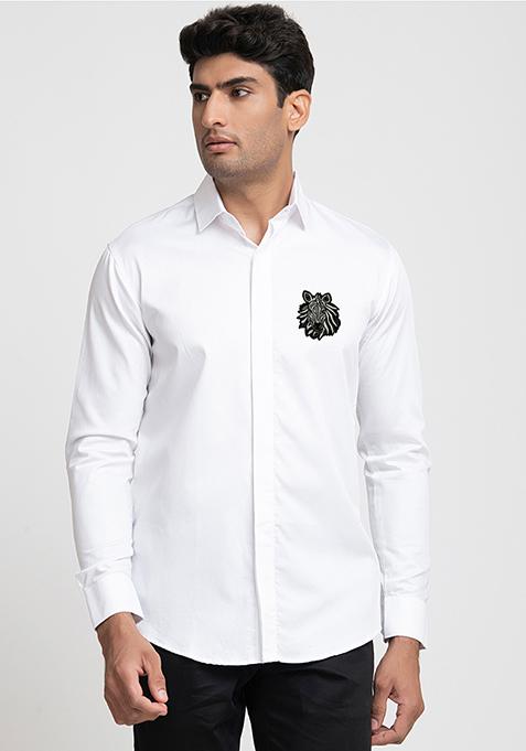 White Zebra Embroidered Giza Cotton Shirt For Men