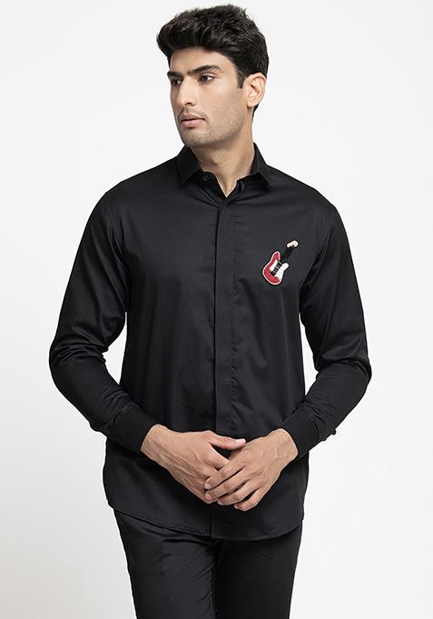 Black Guitar Embroidered Giza Cotton Shirt For Men