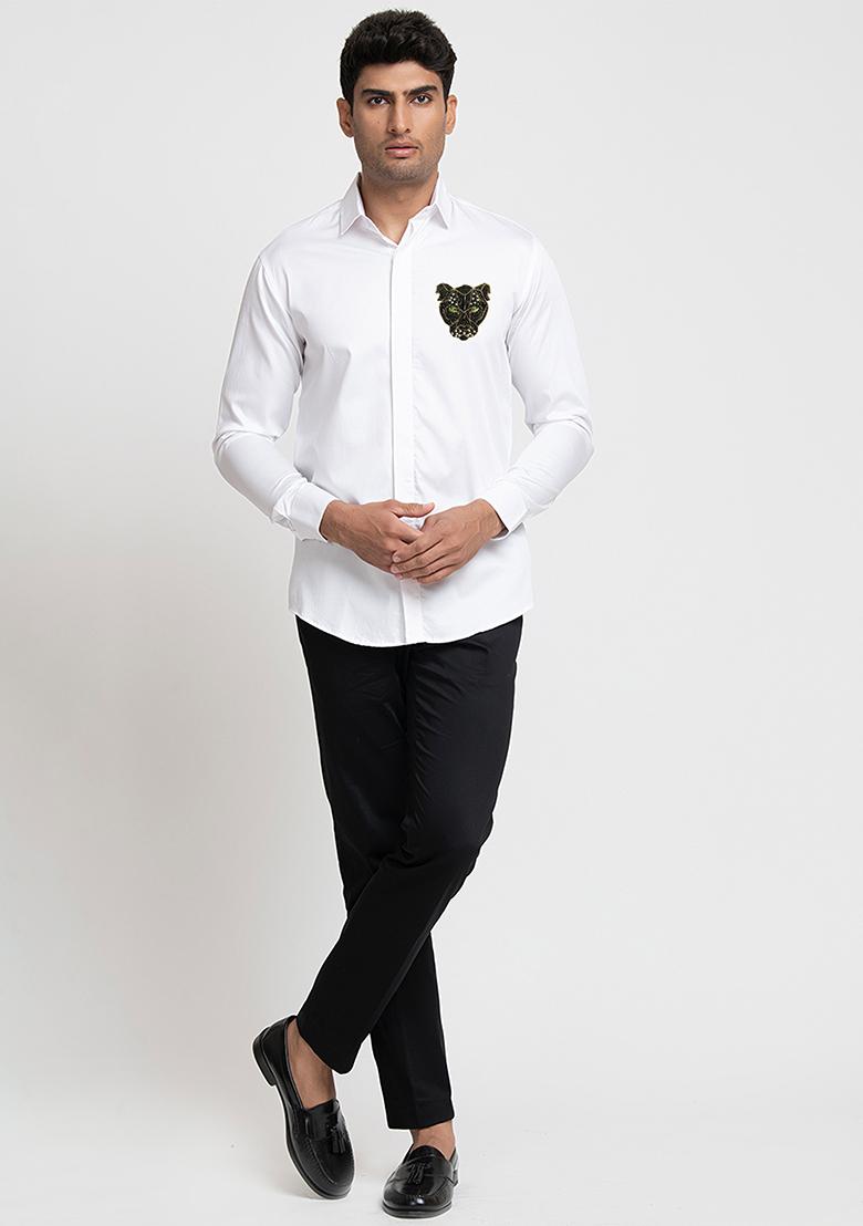 White Panther Embroidered Giza Cotton Shirt For Men