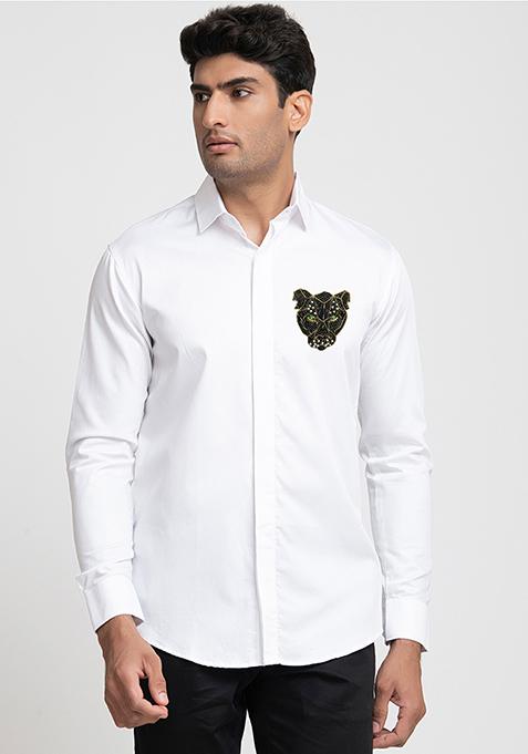 White Panther Embroidered Giza Cotton Shirt For Men