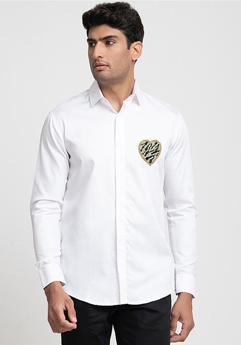 White Heart Embroidered Giza Cotton Shirt For Men