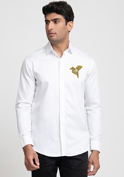 White Origami Bird Embroidered Shirt For Men