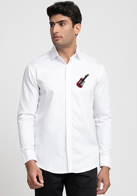 White Guitar Embroidered Giza Cotton Shirt For Men