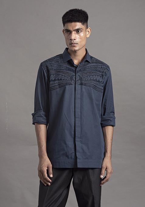 Indigo Applique Cotton Shirt For Men