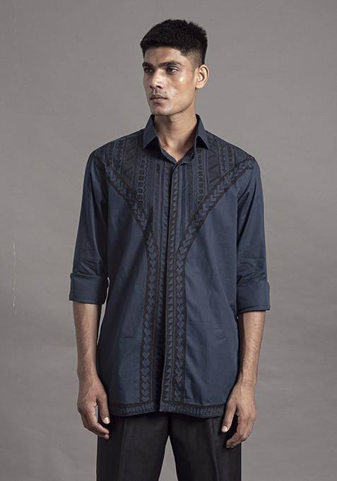 Indigo Applique Work Cotton Shirt For Men