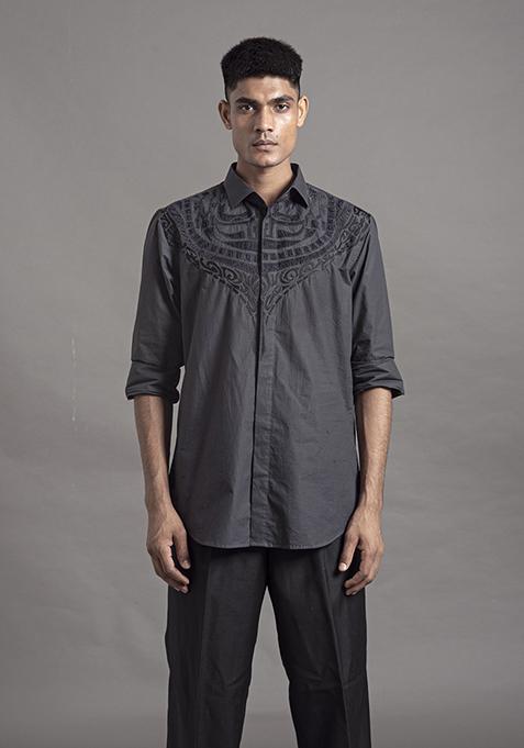 Grey Applique Cotton Shirt For Men