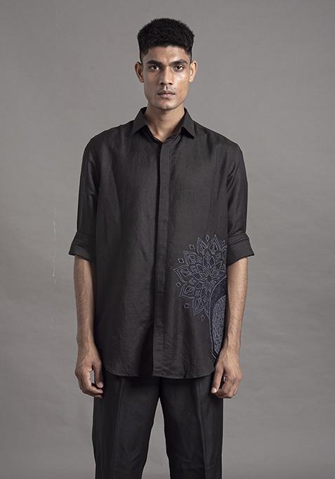 Black Applique Linen Shirt For Men