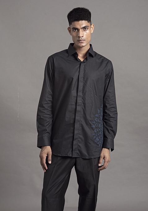 Black Applique Work Cotton Shirt For Men