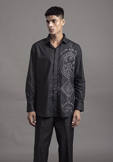 Black Thread Embroidered Cotton Shirt For Men