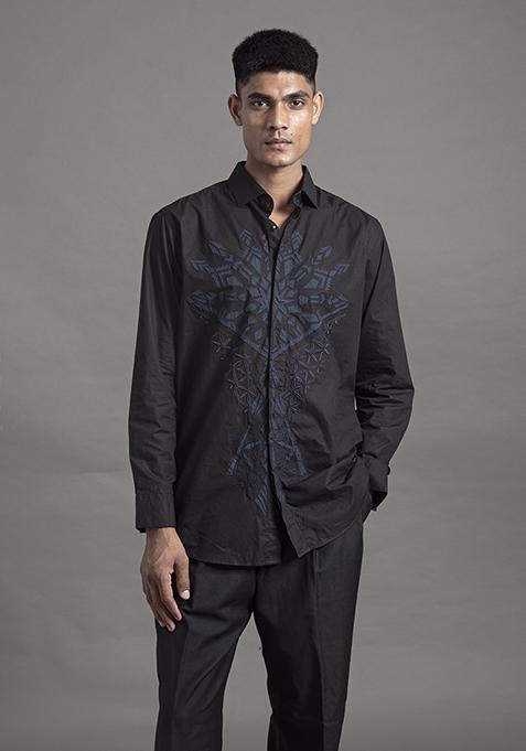 Black Applique And Resham Cotton Shirt For Men